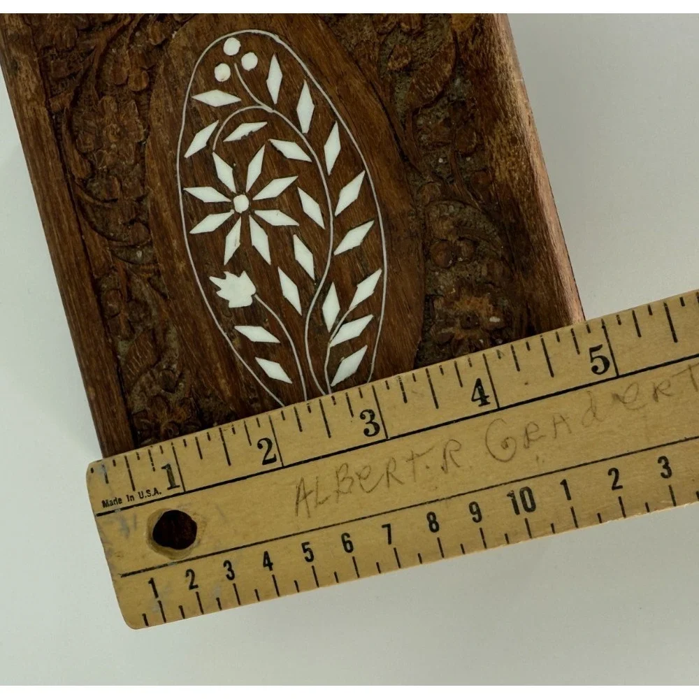 Vintage Sheesham Wood Jewelry Box Floral Carved Inlay‎ India 6.5x4.75x2.75 BoHo
